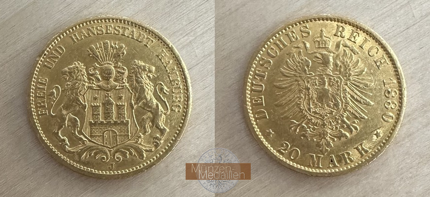 Hamburg, Freie und Hansestadt MM-Frankfurt Feingewicht: 7,17g Gold 20 Mark 1880 J sehr schön