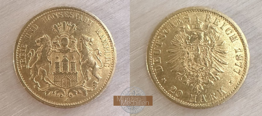 Hamburg, Freie und Hansestadt MM-Frankfurt Feingewicht: 7,17g Gold 20 Mark 1877 sehr schön