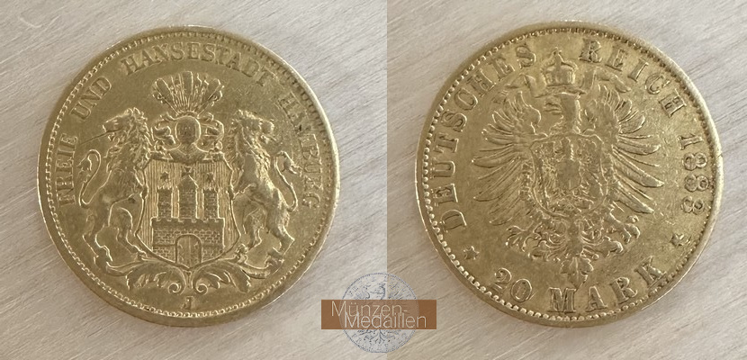 Hamburg, Freie und Hansestadt MM-Frankfurt Feingewicht: 7,17g Gold 20 Mark 1883 sehr schön