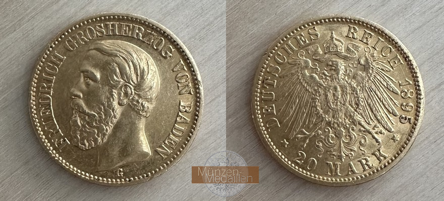 Deutsches Kaiserreich, Baden. MM-Frankfurt Feingewicht: 7,17g Gold 20 Mark 1895 G sehr schön