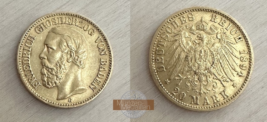 Deutsches Kaiserreich, Baden. MM-Frankfurt Feingewicht: 7,17g Gold 20 Mark 1894 G sehr schön