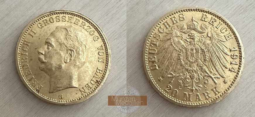 Deutsches Kaiserreich, Baden. MM-Frankfurt Feingewicht: 7,17g Gold 20 Mark 1914 G vzgl