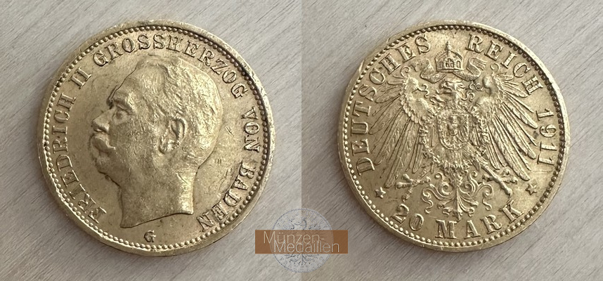 Deutsches Kaiserreich, Baden. MM-Frankfurt Feingewicht: 7,17g Gold 20 Mark 1911 G ss/vzgl