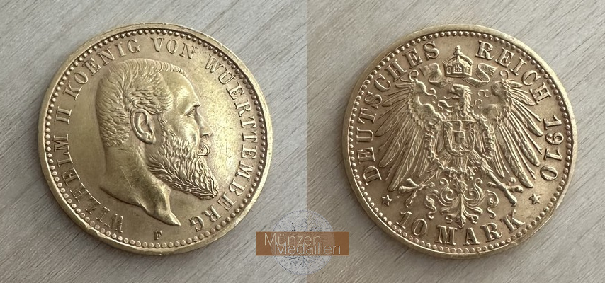 Deutsches Kaiserreich, Württemberg MM-Frankfurt Feingold: 3,58g Wilhelm II., 10 Mark 1910 F 