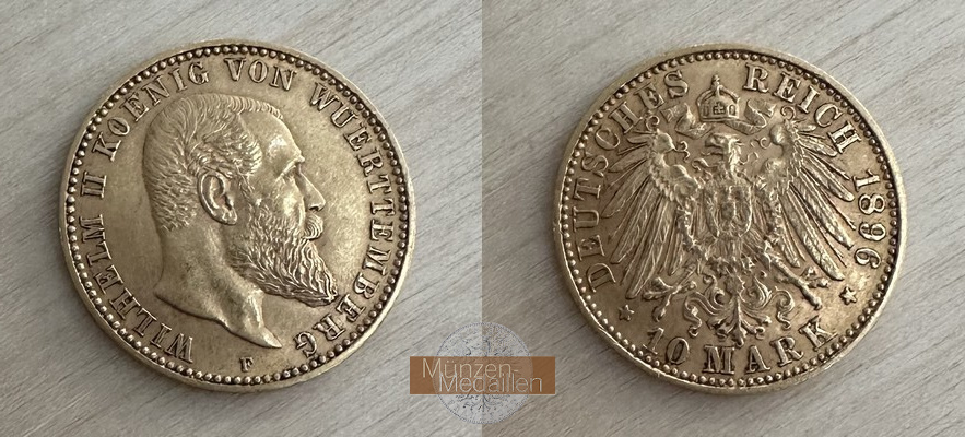 Deutsches Kaiserreich, Württemberg MM-Frankfurt Feingold: 3,58g Wilhelm II., 10 Mark 1896 F 