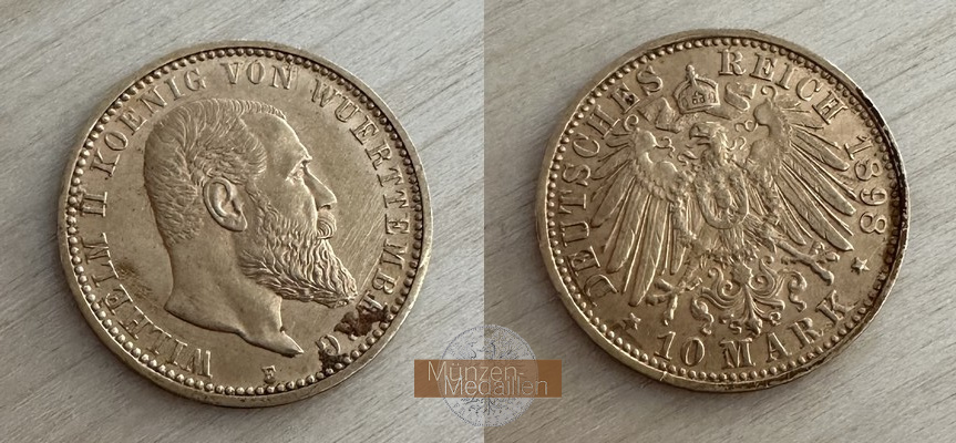 Deutsches Kaiserreich, Württemberg MM-Frankfurt Feingold: 3,58g Wilhelm II., 10 Mark 1898 F 