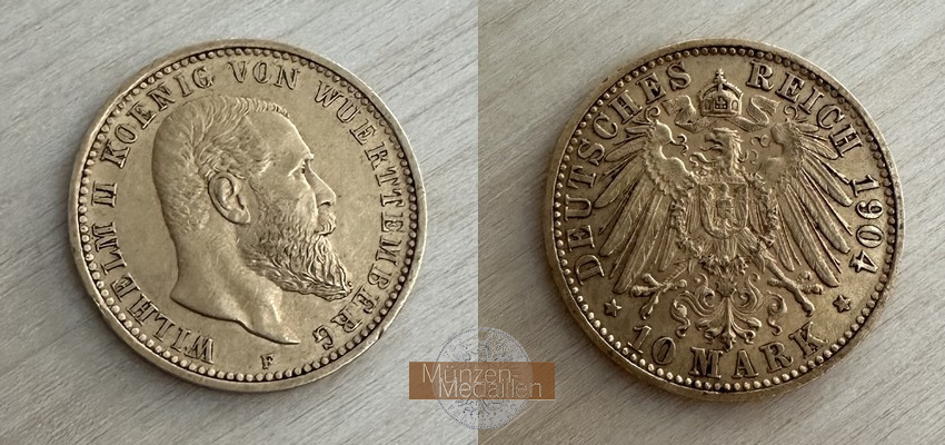 Deutsches Kaiserreich, Württemberg MM-Frankfurt Feingold: 3,58g Wilhelm II., 10 Mark 1904 F 