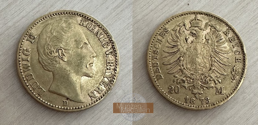 Dt. Kaiserreich, Bayern Ludwig II. MM-Frankfurt Feingold: 7,17g 20 Mark 1873 D 