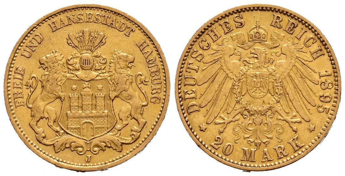 PEUS 1887 Hamburg - Kaiserreich 7,16 g Feingold. Stadtwappen 20 Mark GOLD 1895 J Sehr schön