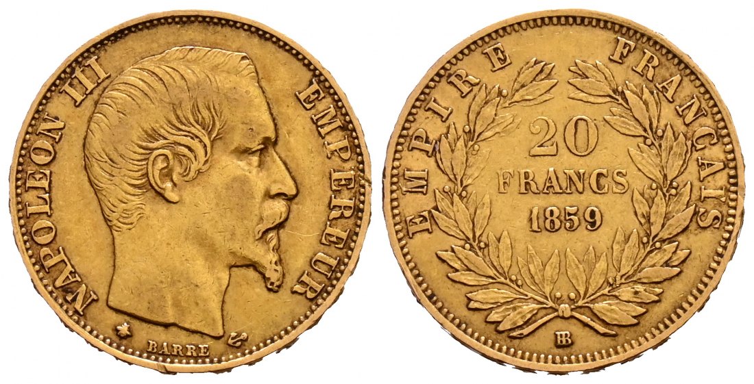 PEUS 1888 Frankreich 5,81 g Feingold. Napoleon III. (1852-1870) 20 Francs GOLD 1859 BB Straßbur Sehr schön
