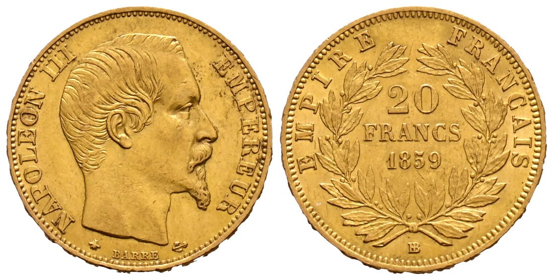 PEUS 1891 Frankreich 5,81 g Feingold. Napoleon III. (1852-1870) 20 Francs GOLD 1859 BB Straßbur Sehr schön +