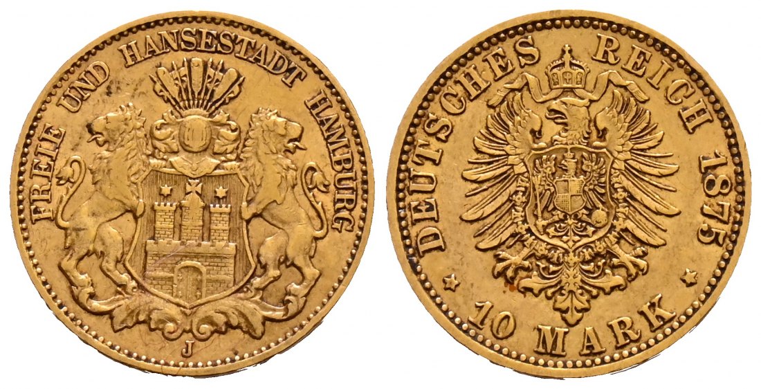 PEUS 1892 Kaiserreich-Hamburg 3,58 g Feingold. Stadtwappen - Kleiner Adler 10 Mark GOLD 1875 J Sehr schön
