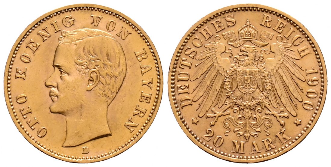 PEUS 1895 Kaiserrreich - Bayern 7,16 g Feingold. Otto (1886 - 1913) 20 Mark GOLD 1900 D Kl. Kratzer, Sehr schön +