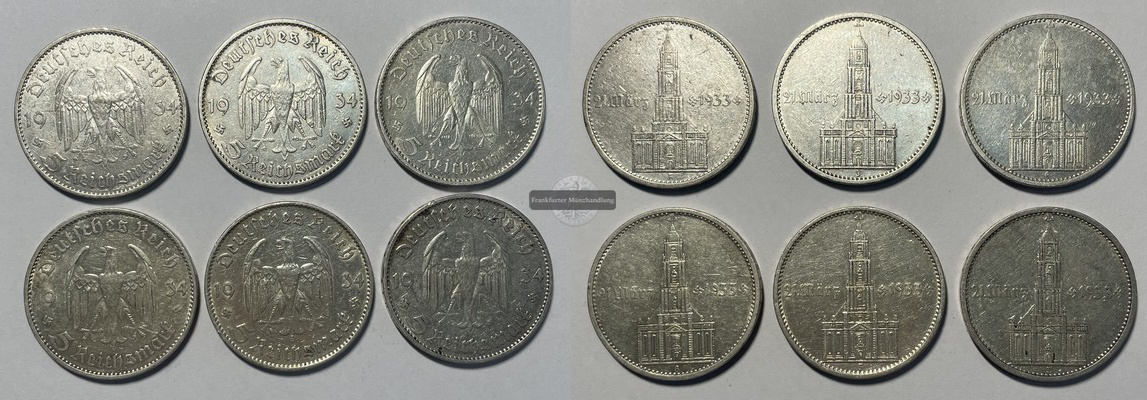  Drittes Reich 6 x 5 Reichsmark GK mit Datum  FM-Frankfurt  Feinsilber: 6 x 12,50g, zus. 75g   
