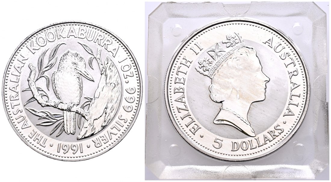 PEUS 1898 Australien 31,1 g Feinsilber. Kookaburra auf Ast 5 Dollars SILBER Unze 1991 Uncirculated (Kapsel)