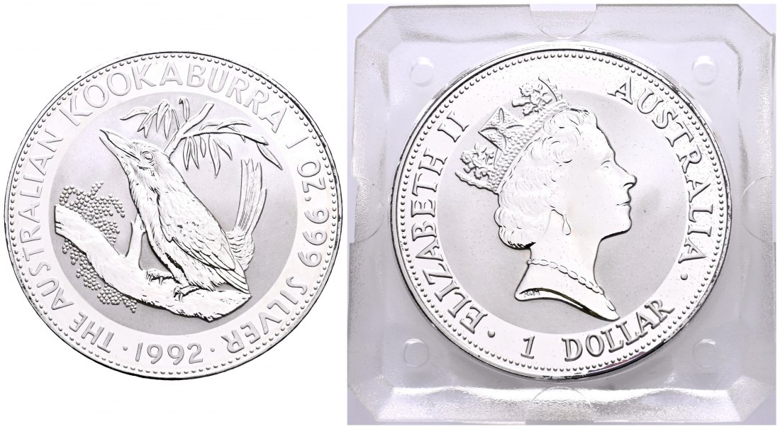 PEUS 1899 Australien 31,1 g Feinsilber. Kookaburra auf Ast Dollar SILBER Unze 1992 Uncirculated (Kapsel)