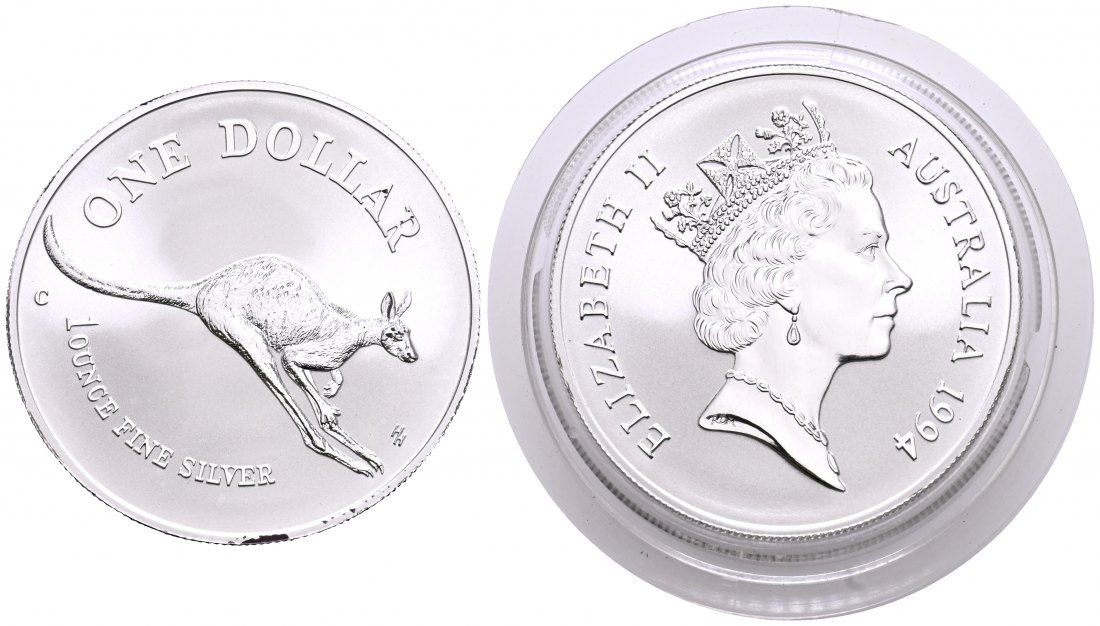 PEUS 1901 Australien 31,1 g Feinsilber. Känguru Dollar SILBER 1994 C Patina, Uncirculated (Kapsel)
