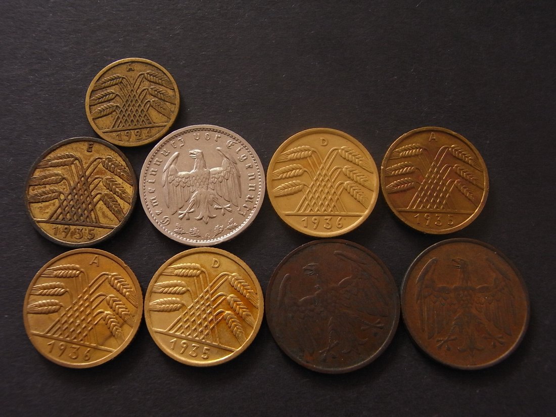  Weimaer Republik 5 Pfennig - 1 Reichmark 9 Münzen ss-vzgl versch. Mz + Jg.   