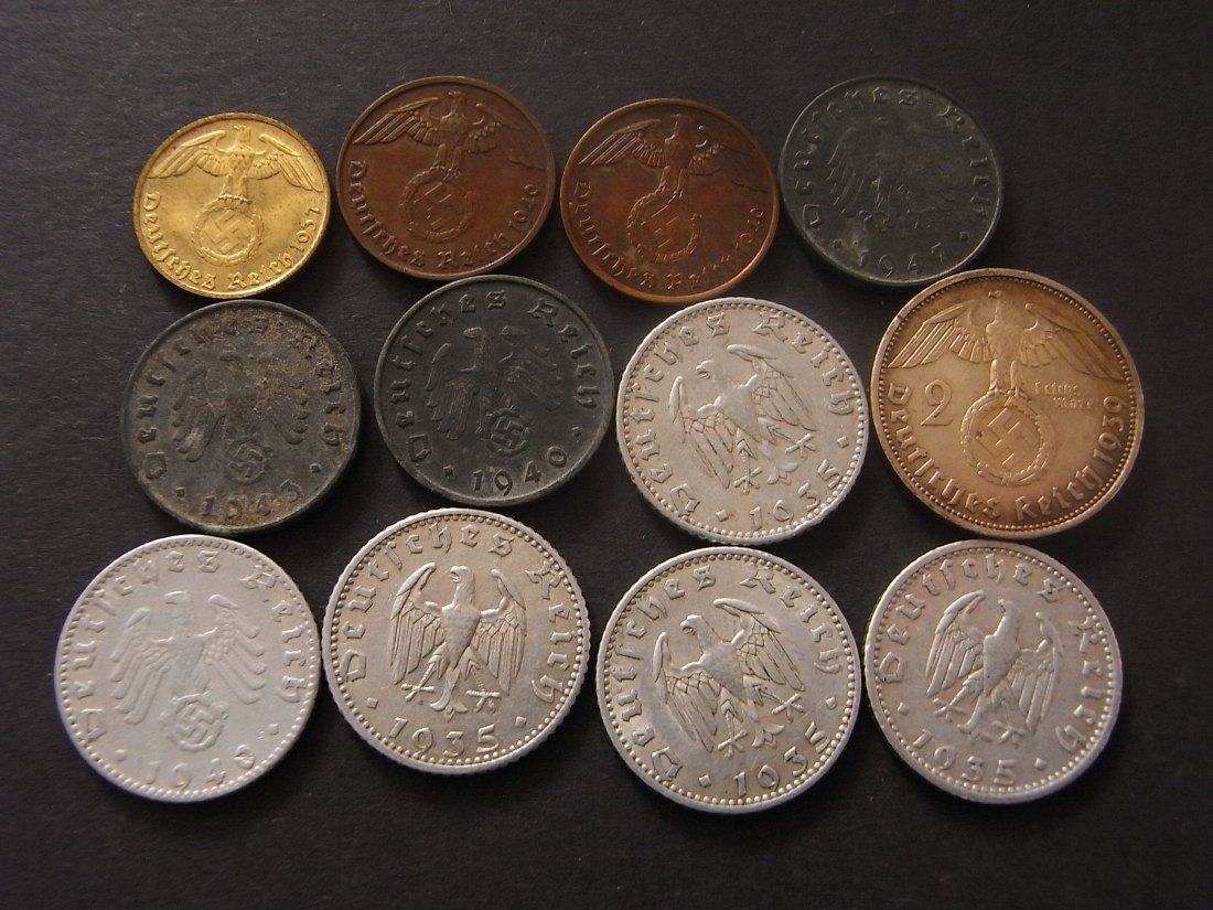  Drittes Reich 2 Pfennig - 2 RM 12 Münzen dabei 5 x 50 RPf. Al ss-vzgl   