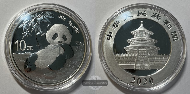  China,  10 Yuan 2020  Panda  FM-Frankfurt  Feinsilber: 30g   