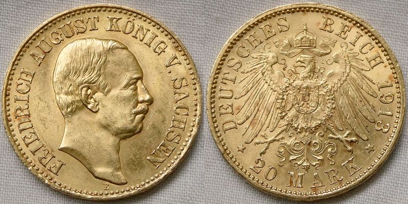  Sachsen 20 Mark 1913 Friedrich August GOLD J.268 - TOP-Erhaltung!!!!   