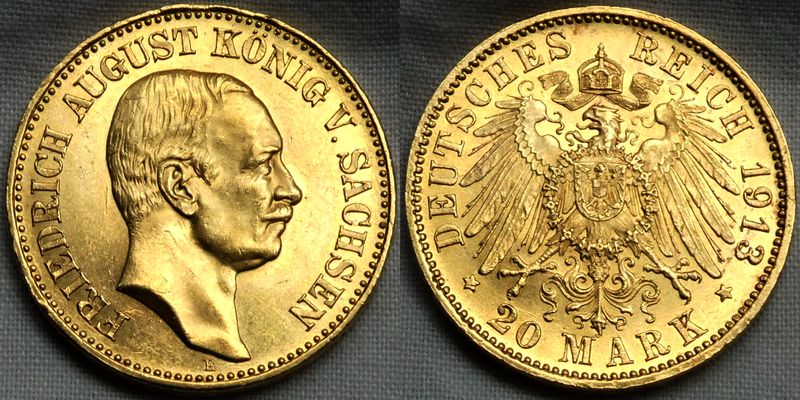  Sachsen 20 Mark 1913 Friedrich August GOLD J.268 - TOP-Erhaltung!!!!   