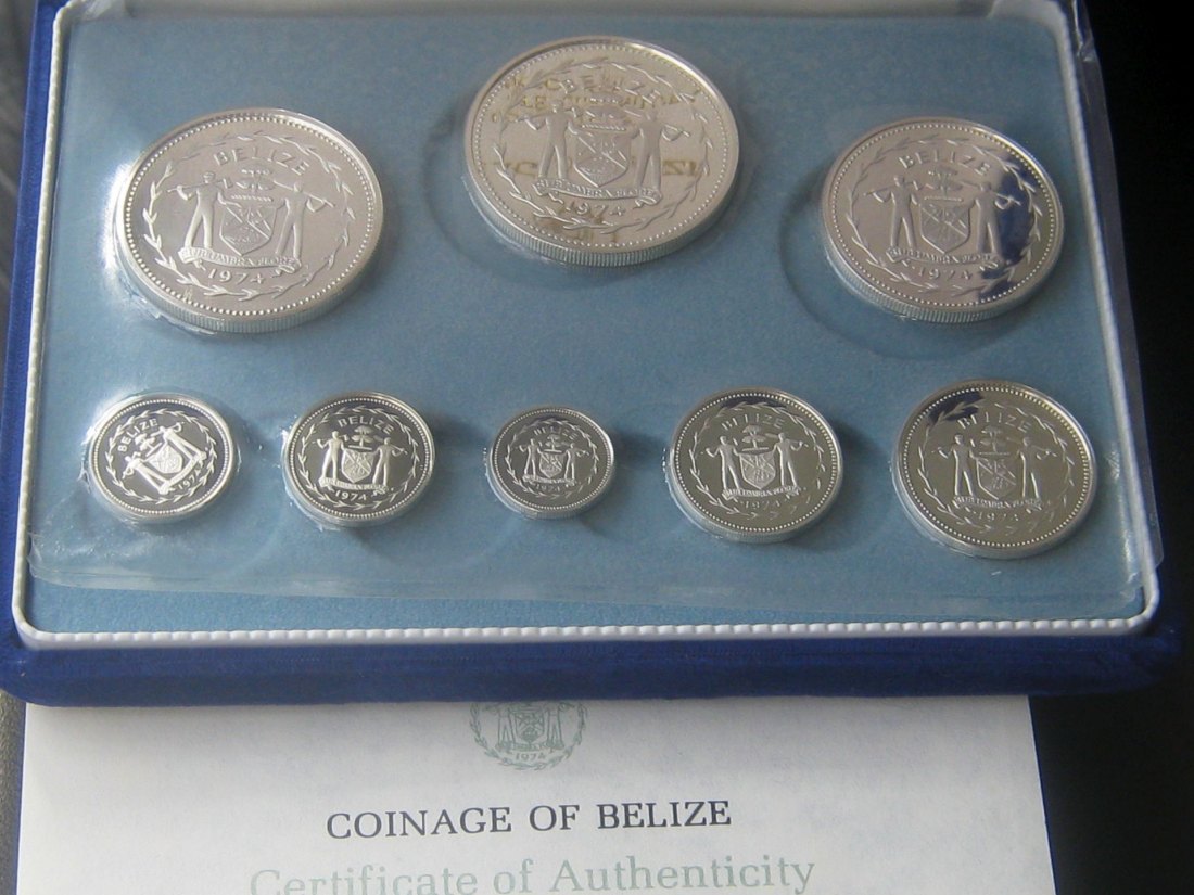  BELIZE 1 Cent-10 Dollars 1974 KMS; 8 Münzen STERLING-Silber; insg. 94,72 g;PP (in Folie)   