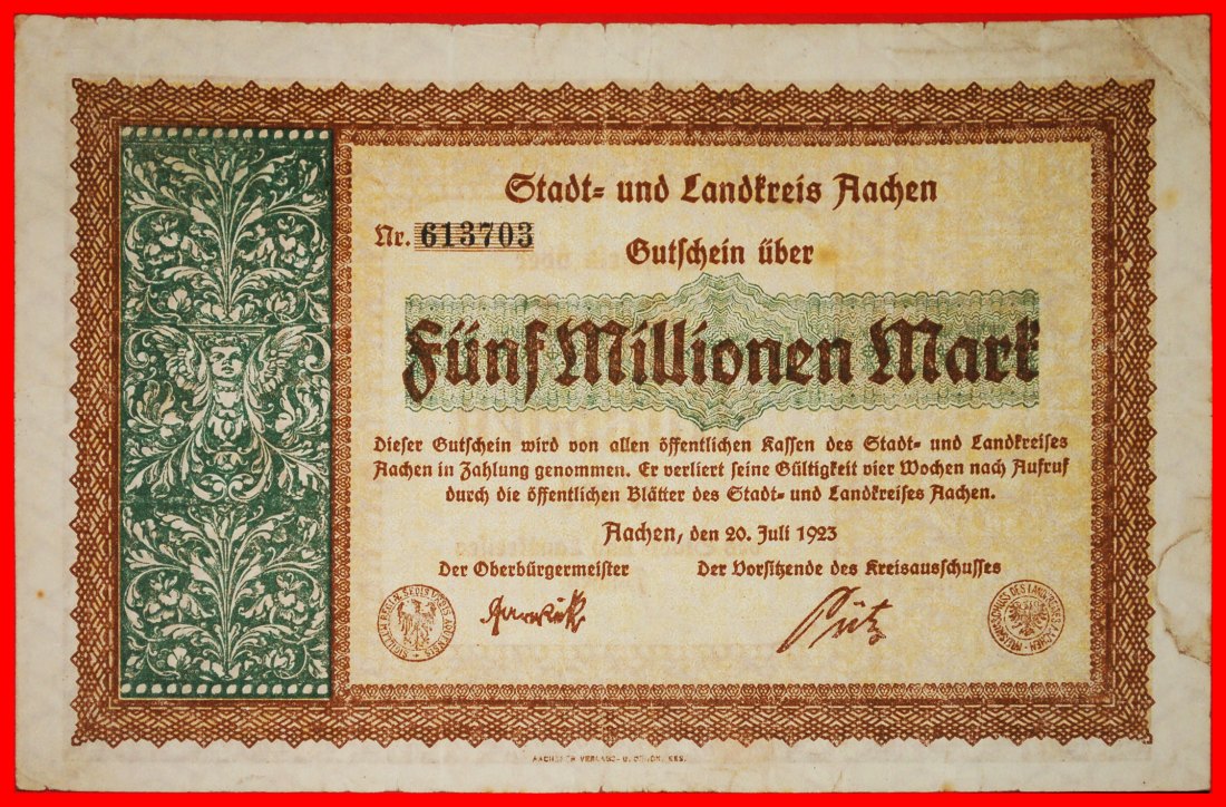  * RHINE: GERMANY AACHEN ★ 5000000 MARKS 1923 CRISP INFLATION! ★LOW START★NO RESERVE!   