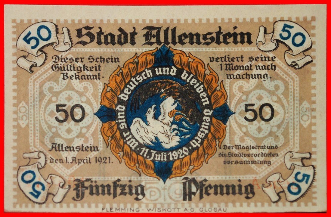  * EAST PRUSSIA 1920: GERMANY ALLENSTEIN POLAND OLSZTYN★50 PFENNIGS 1921 GLOGAU★LOW START★NO RESERVE!   