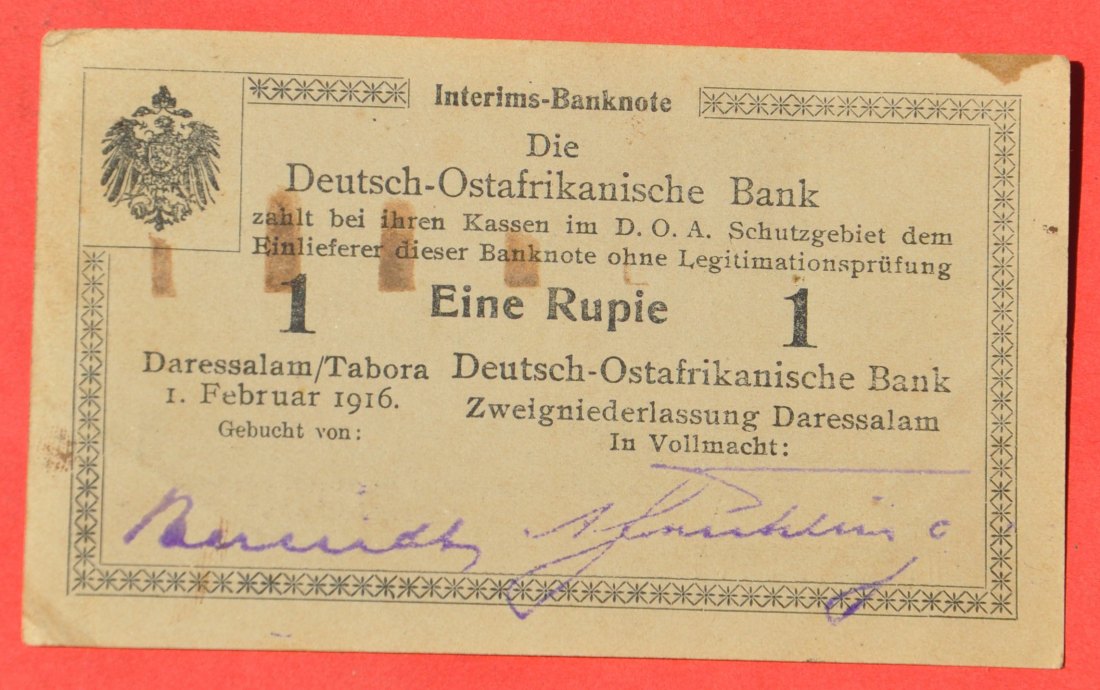  DEUTSCH-OSTAFRIKA 1 Rupie 1916, Ro. 928c, großartiger Erhaltungsgrad   