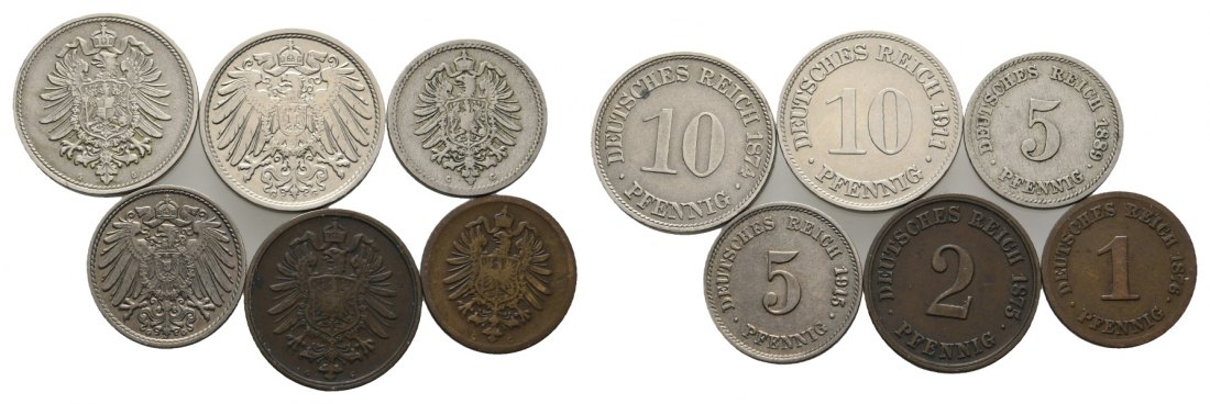  Kaiserreich; 6 Kleinmünzen 1874-1915   