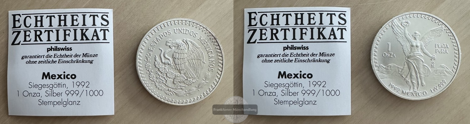  Mexico  1 Onza  1992  FM-Frankfurt  Feingewicht: 31,1g Silber stgl.   