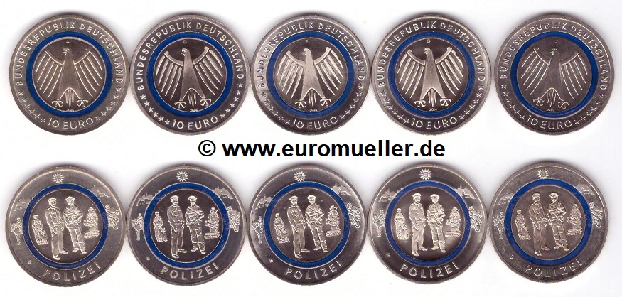 Deutschland 5x 10 Euro Gedenkmünze 2024 Polizei A-J   