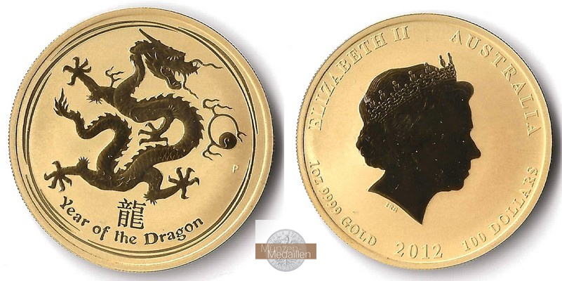 Australien, Elisabeth II. 1952-2023 MM-Frankfurt Feingewicht: 31,1g Gold 100 Dollar (Drache) 2012 