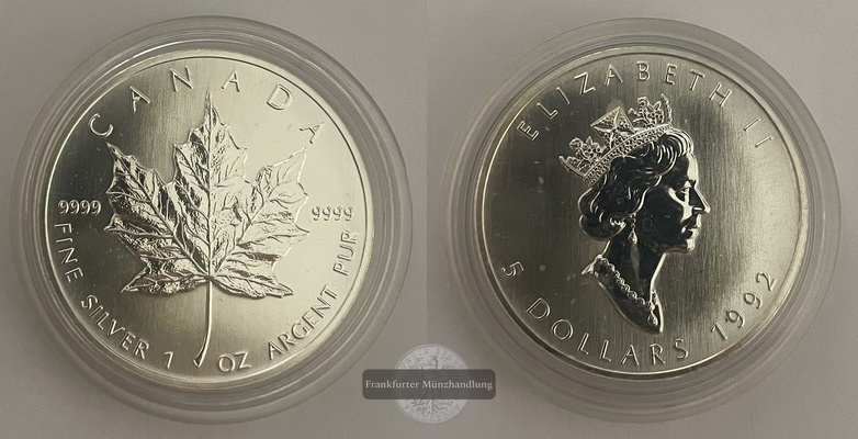  Kanada.  5 Dollar 1992 Maple Leaf   FM-Frankfurt    Feinsilber: 31,1g   