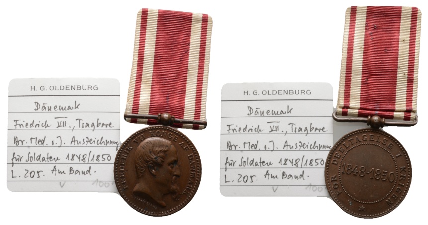  Auszeichnung; Dänemark 1848/1850; tragebare Bronzemedaille; 12,43 g; Ø 30,62   