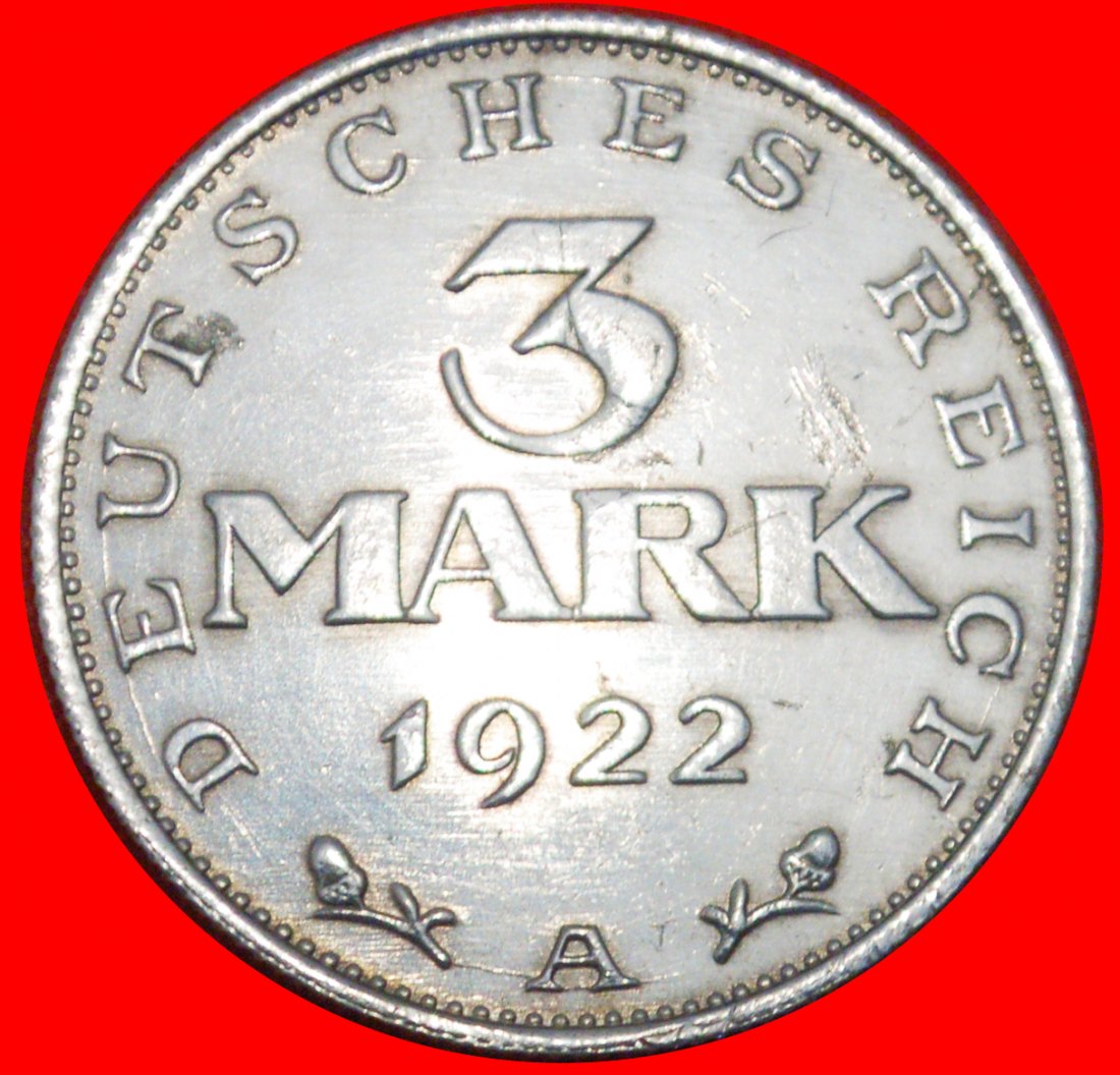  * NOT CONSTITUTION: GERMANY WEIMAR REPUBLIC ★3 MARKS 1922A UNCOMMON! LUSTRE!★LOW START ★ NO RESERVE!   