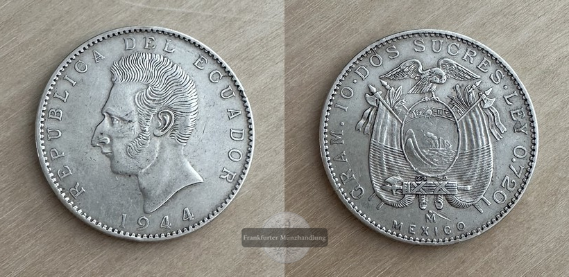  Ecuador  2 Sucres  1944  FM-Frankfurt  Feingewicht: 7,2g Silber   