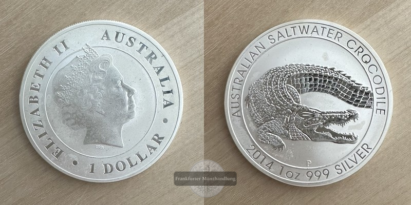  Australien  1 Dollar 'Salzwasserkrokodil'2014  FM-Frankfurt Feingewicht: 31,1 g Silber   