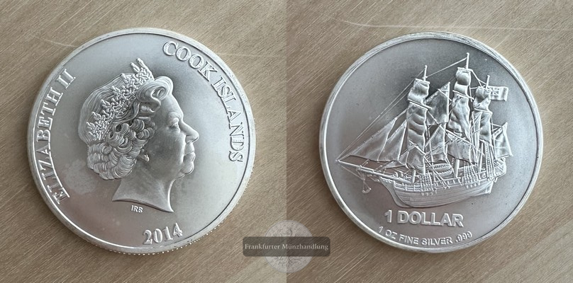  Cook Island.  1 Dollar 2014 HMS Bounty FM-Frankfurt  Feingewicht: 31,1g Silber   