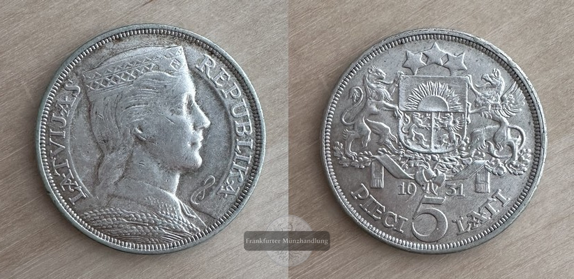  Lettland  5 Lati  1931  FM-Frankfurt  Feingewicht: 20,88g  Silber   