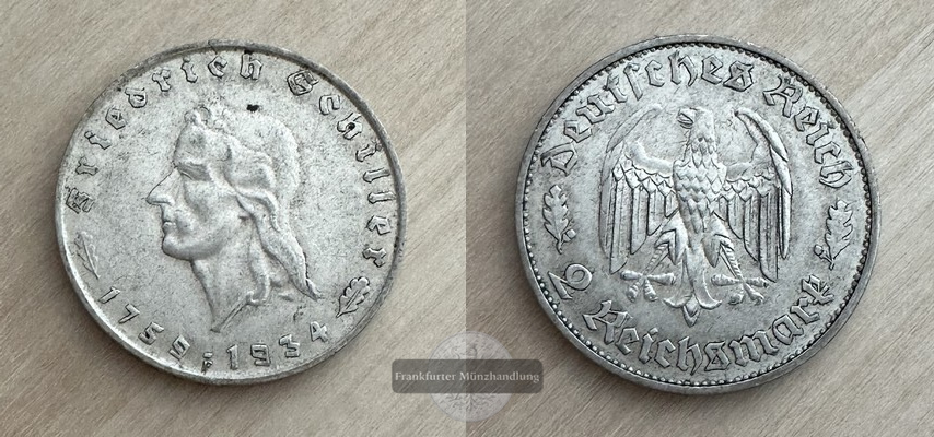  Deutschland, Drittes Reich.  2 Reichsmark 1934  FM-Frankfurt  Feinsilber:5g   
