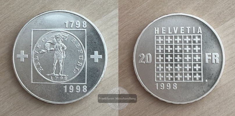  Schweiz  20 Franken  1998 FM-Frankfurt Feinsilber: 16,7g   