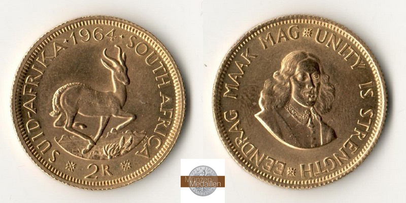 Südafrika  2 Rand MM-Frankfurt Feingold: 7,32g Springbock 1964 