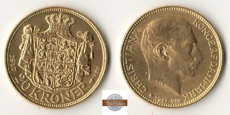 Dänemark MM-Frankfurt Feingold: 8,06g 20 Kronen 1917 