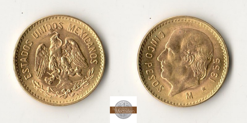 Mexiko  5 Pesos MM-Frankfurt Feingold: 3,75g Miguel Hidalgo y Costilla 1955 