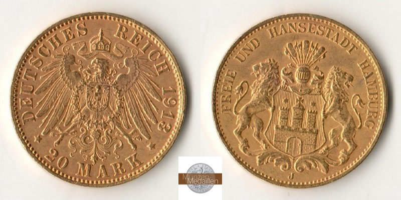 Kaiserreich  20 Mark MM-Frankfurt Feingold: 7,17g Hamburg 1913 J 