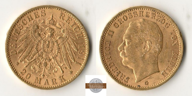 Deutsches Kaiserreich, Baden. MM-Frankfurt Feingewicht: 7,17g Gold 20 Mark 1911 G 