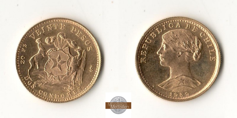 Chile MM-Frankfurt Feingold: 3,66g 20 Pesos 1959 