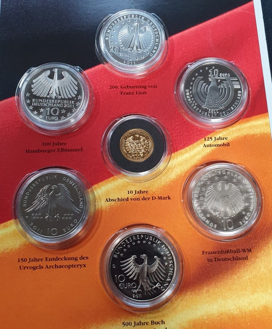  6 x 10 Euro Gedenkmünzen 2011 und 1 x Medaille aus Gold 2 Gramm 585/1000   